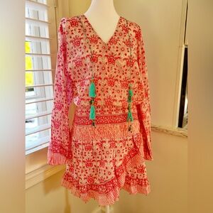 Red and White Patterned Dress with Tassels